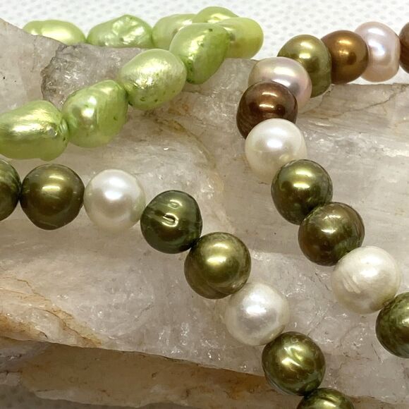 Freshwater Pearl Strand Stretchy Bracelet Lot of (3) Green White Brown 7-7.5'' - Picture 5 of 6